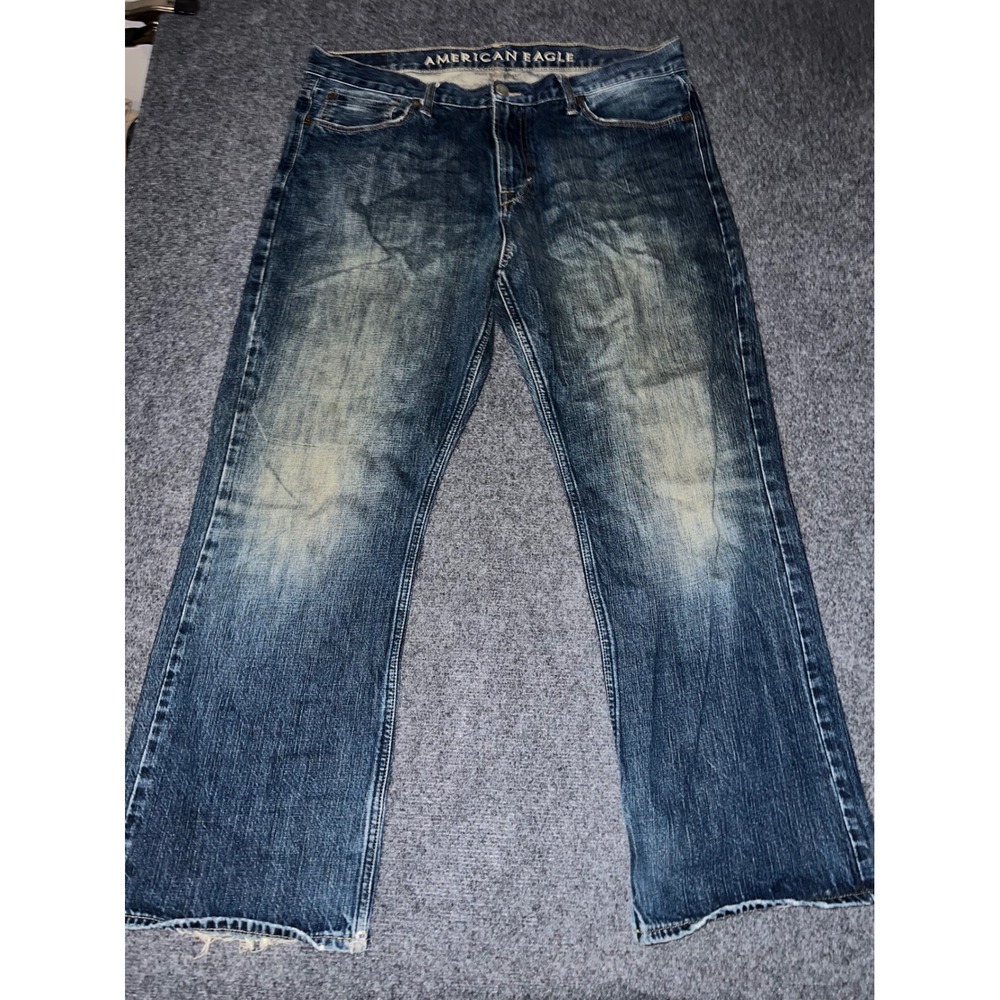 American Eagle Mens Bootcut Jeans 36x30 Blue Cotton Denim Distressed Hems